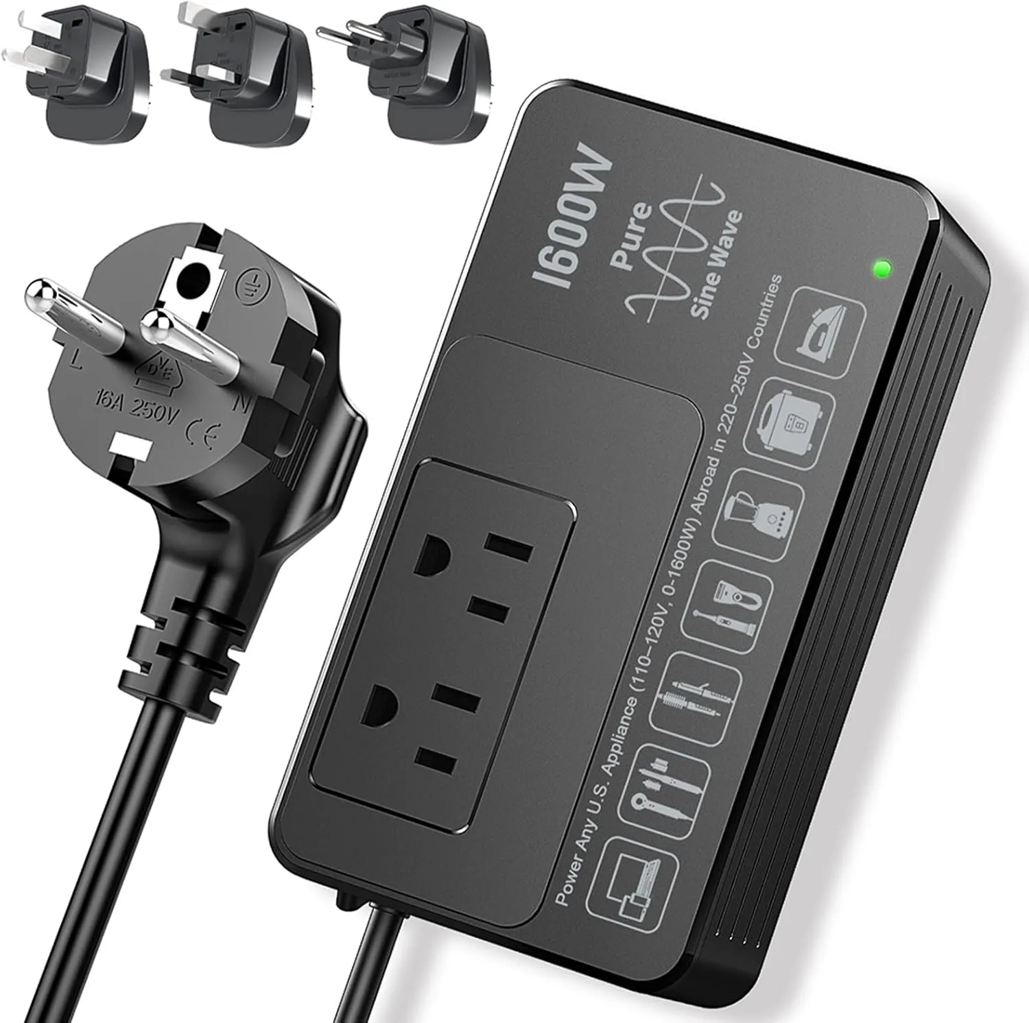 1600W Voltage Converter 220V to 110V  Power American Appliances Overseas, Pure Sine Wave, Plug & Play, No Limitations, Surge Protection  High Power Step Down Transformer US to EU/UK/AU/Asia
