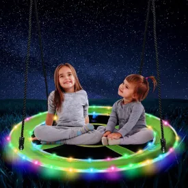 40 Inch Waterproof Saucer Swing with LED Rim Light 660 lb Load Saucer Tree Swing 900d Oxford Adjustable Outdoor Swing for Adults and Kids, Includes Hanging Kit for Play at Night Outdoor