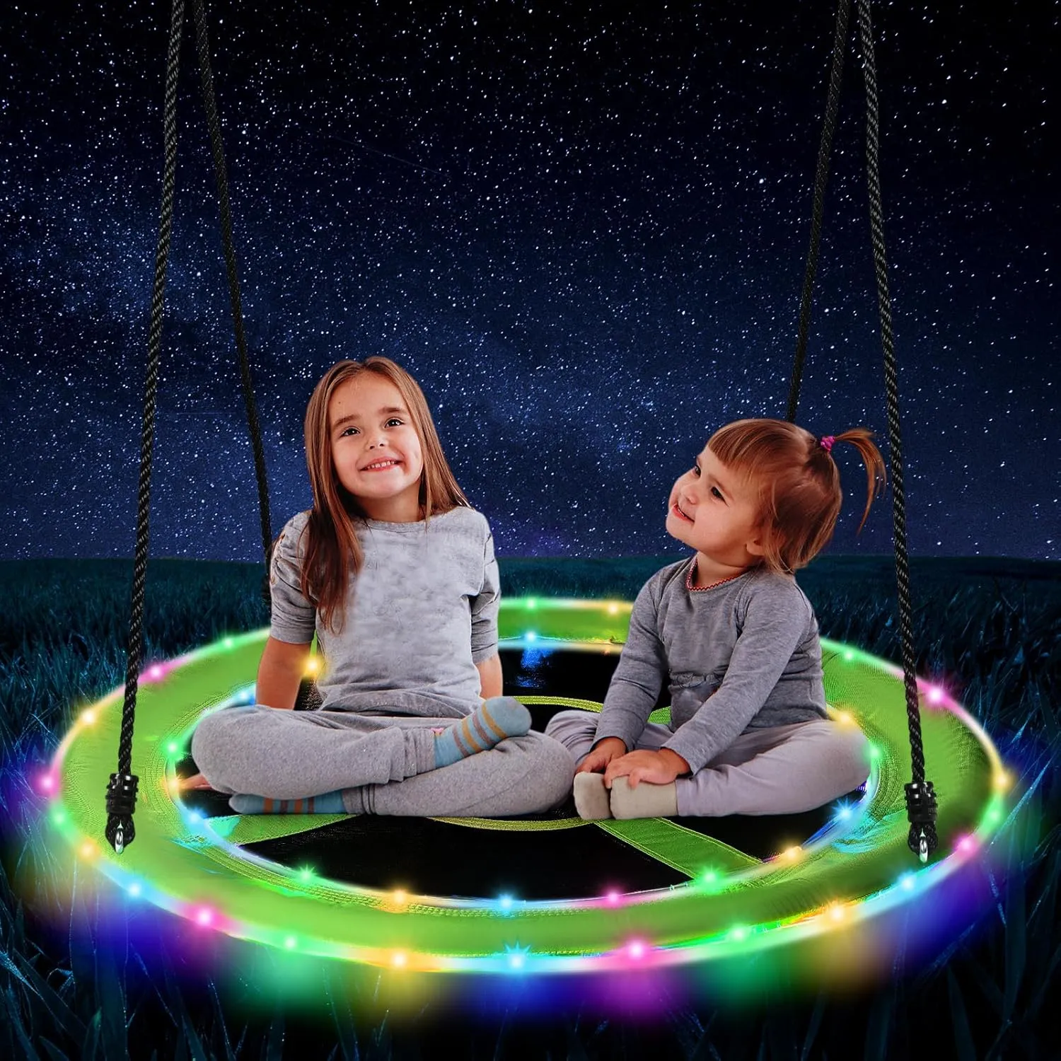 40 Inch Waterproof Saucer Swing with LED Rim Light 660 lb Load Saucer Tree Swing 900d Oxford Adjustable Outdoor Swing for Adults and Kids, Includes Hanging Kit for Play at Night Outdoor
