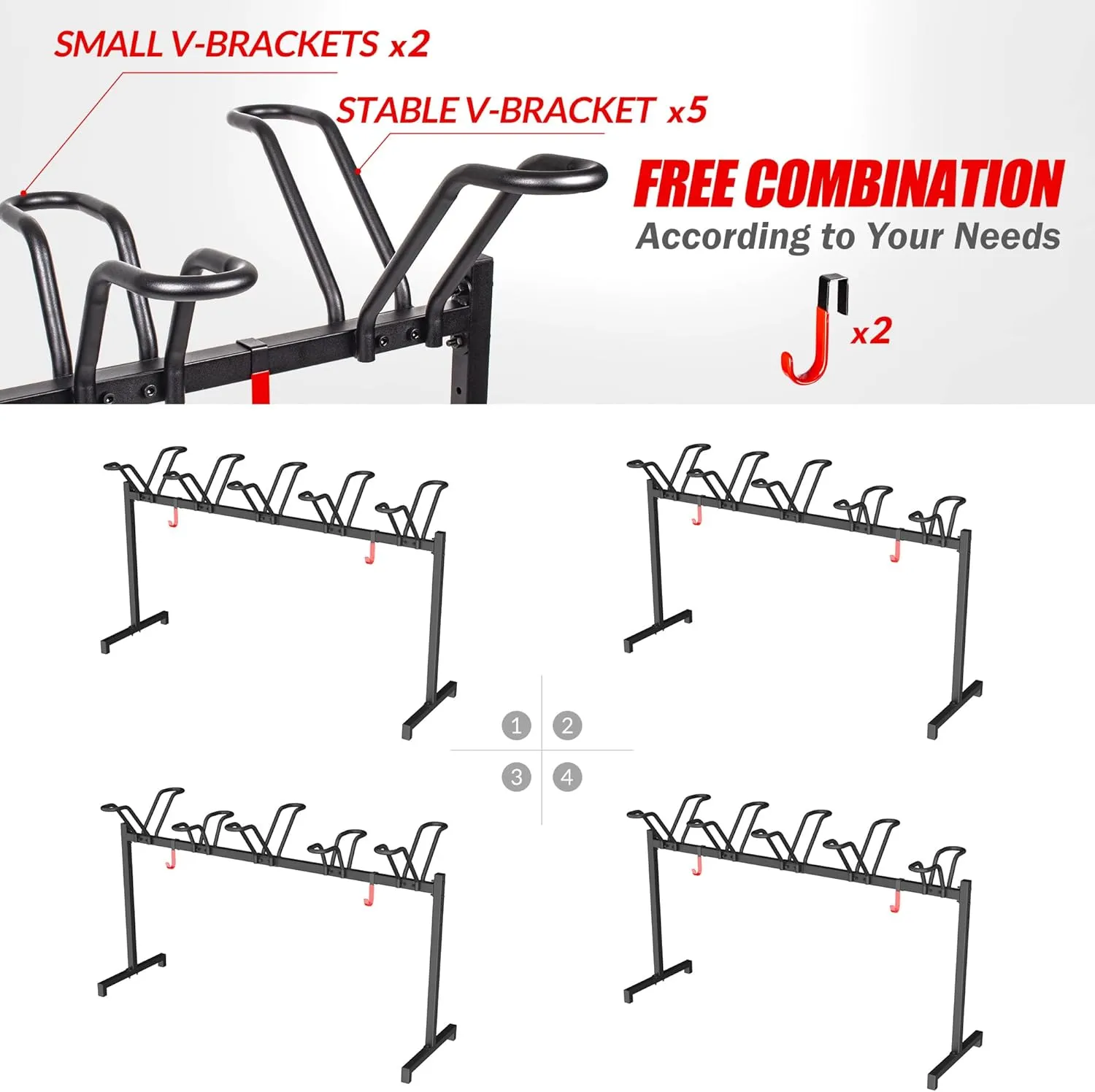 5 Bikes Floor Stand, Adjustable Bicycle Parking Rack with Hook for Garage, Indoor, Outdoor, Free Combination Bike Storage Cycle Rack for Mountain, Road and Kids Bikes, Max Tire Width 2.5