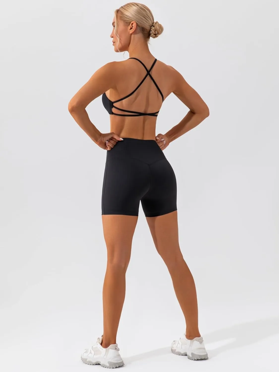 ABOCIW Workout Sets for Women 2 Piece Twist Front Halter Sports Bras High Waist Biker Shorts Exercise Gym Yoga Outfit
