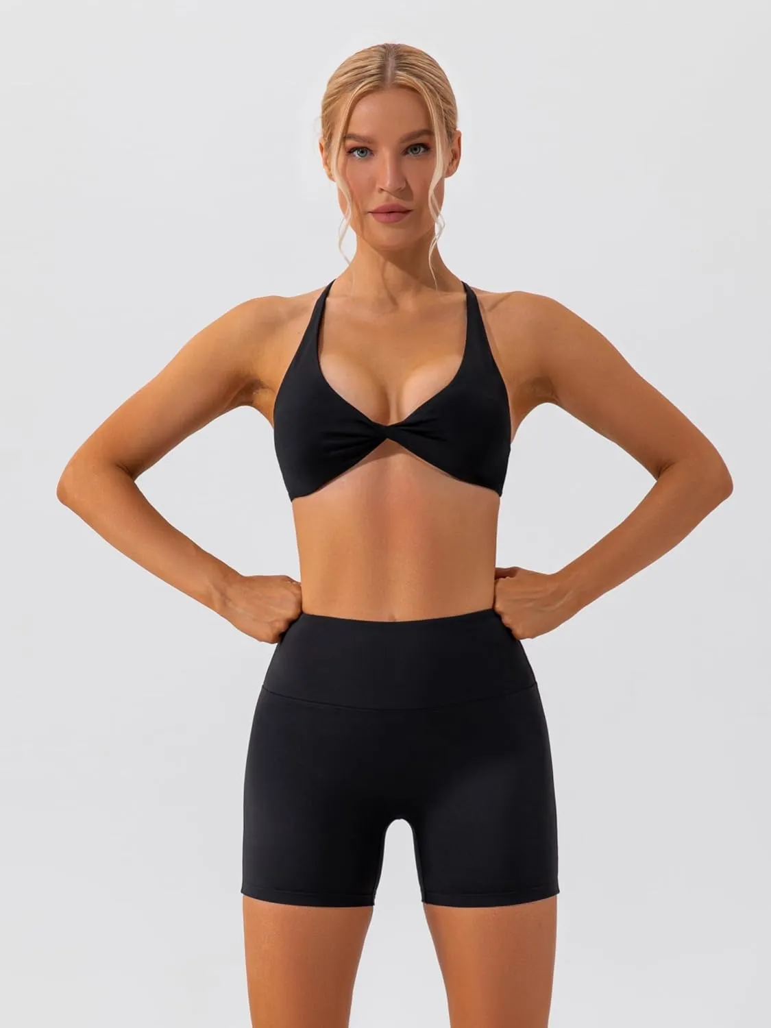 ABOCIW Workout Sets for Women 2 Piece Twist Front Halter Sports Bras High Waist Biker Shorts Exercise Gym Yoga Outfit
