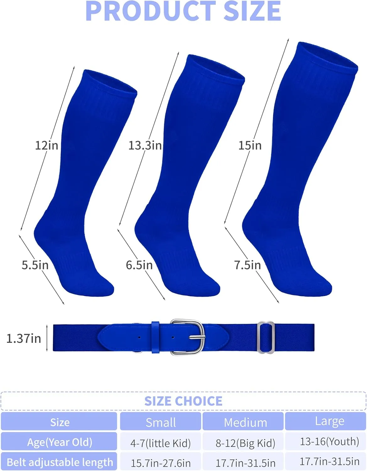 Baseball Socks and Belt Combo Set Cotton Boys Adjustable Baseball Softball Socks and Belt for Boys Girls