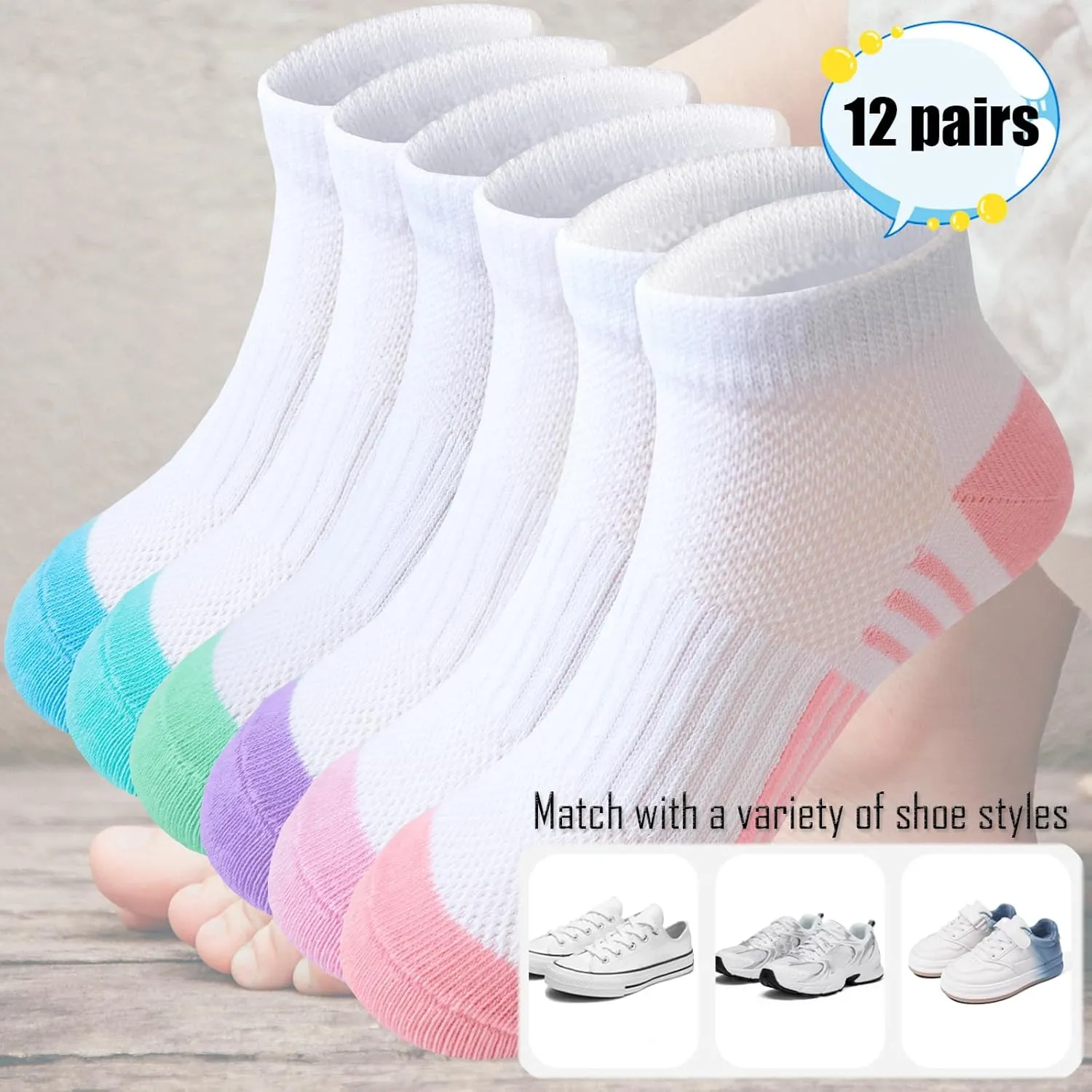 Bemeol Girls Socks 12 Pairs Ankle Socks Girls Athletic Cotton Sports Low Cut Sock for Little Big Kids