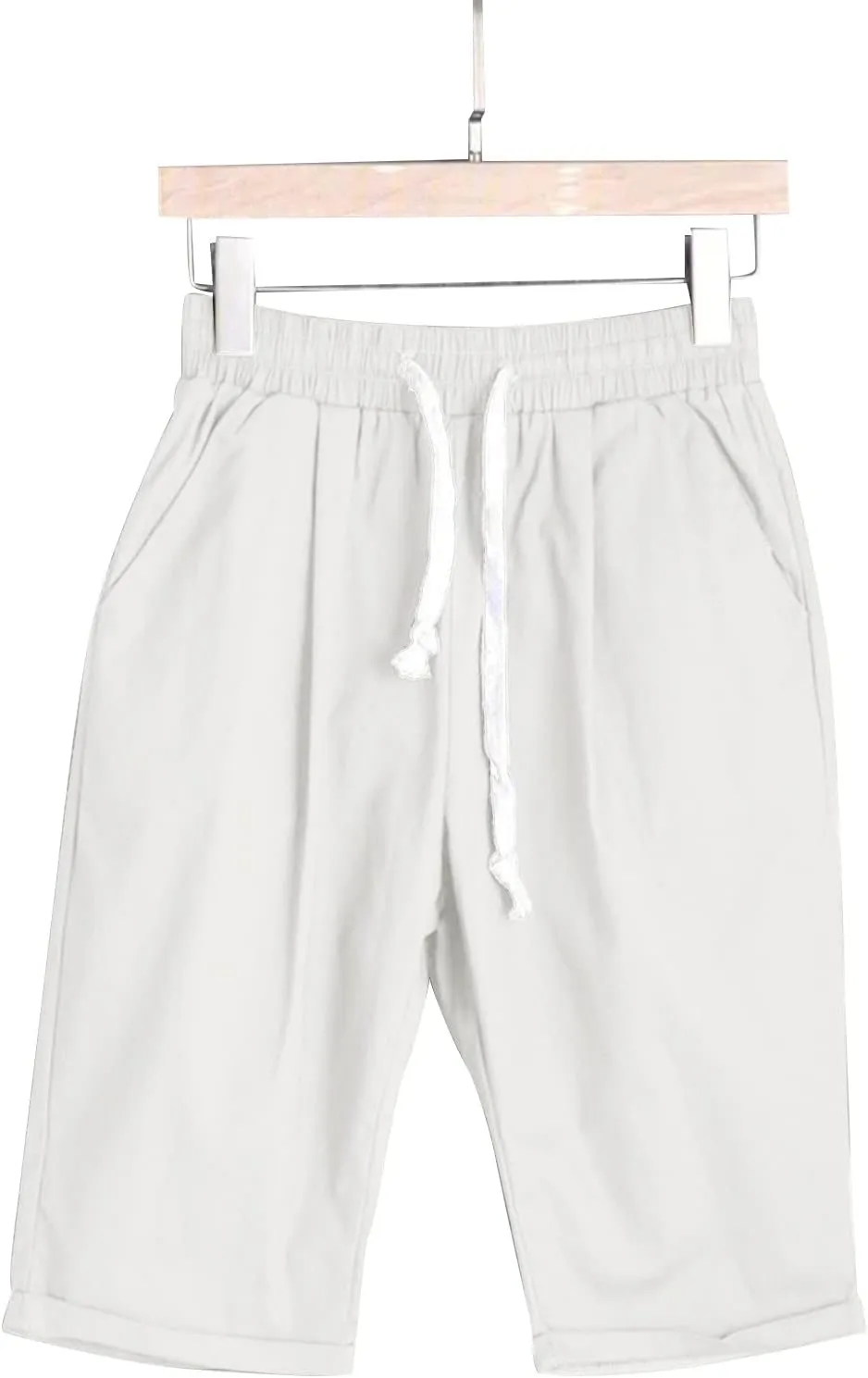 Bermuda Shorts for Women Knee Length Cotton Linen Elastic Waist Drawstring Shorts Summer Capris Pants with Pockets