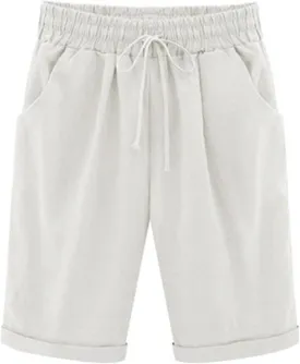 Bermuda Shorts for Women Knee Length Cotton Linen Elastic Waist Drawstring Shorts Summer Capris Pants with Pockets
