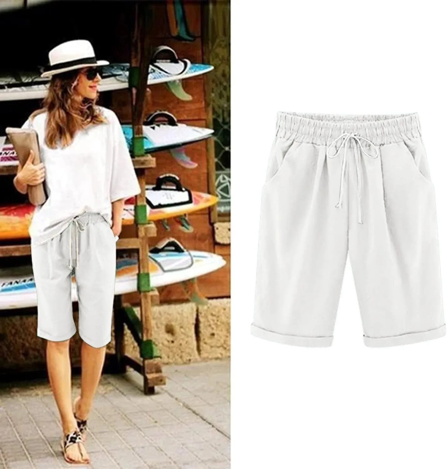 Bermuda Shorts for Women Knee Length Cotton Linen Elastic Waist Drawstring Shorts Summer Capris Pants with Pockets