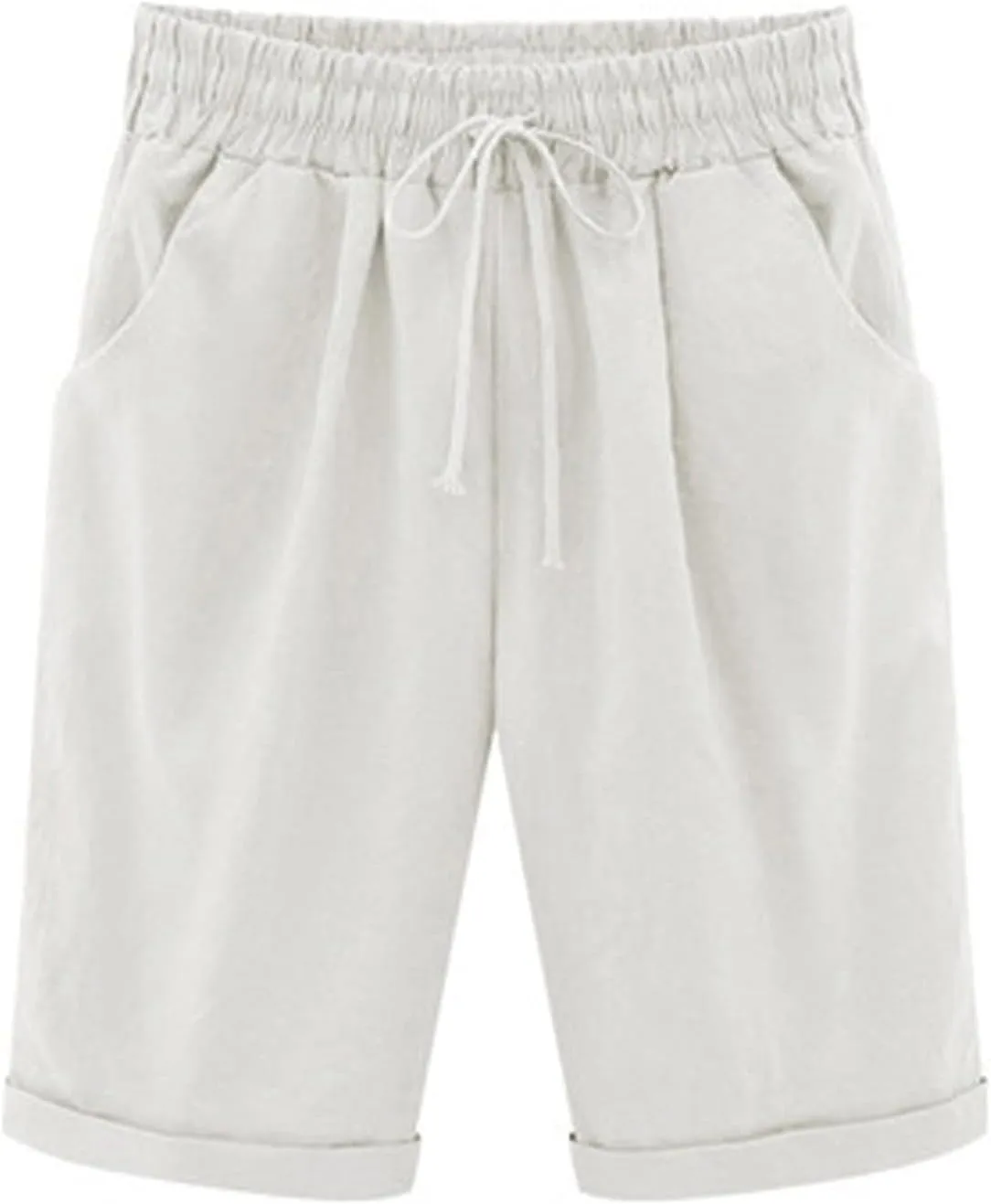 Bermuda Shorts for Women Knee Length Cotton Linen Elastic Waist Drawstring Shorts Summer Capris Pants with Pockets