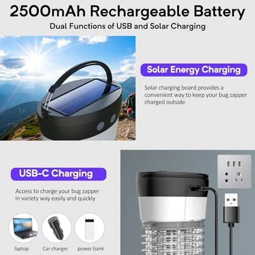 Bug Zapper Indoor Outdoor, Solar Mosquito Zapper, 3 in 1 Mosquito Trap Cordless & Rechargeable, 3500 Volt Electric Insect Fly Trap Equipped 2500mAh Battery for Home,Kitchen,Patio (3500 Volt)