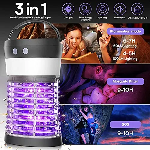 Bug Zapper Indoor Outdoor, Solar Mosquito Zapper, 3 in 1 Mosquito Trap Cordless & Rechargeable, 3500 Volt Electric Insect Fly Trap Equipped 2500mAh Battery for Home,Kitchen,Patio (3500 Volt)