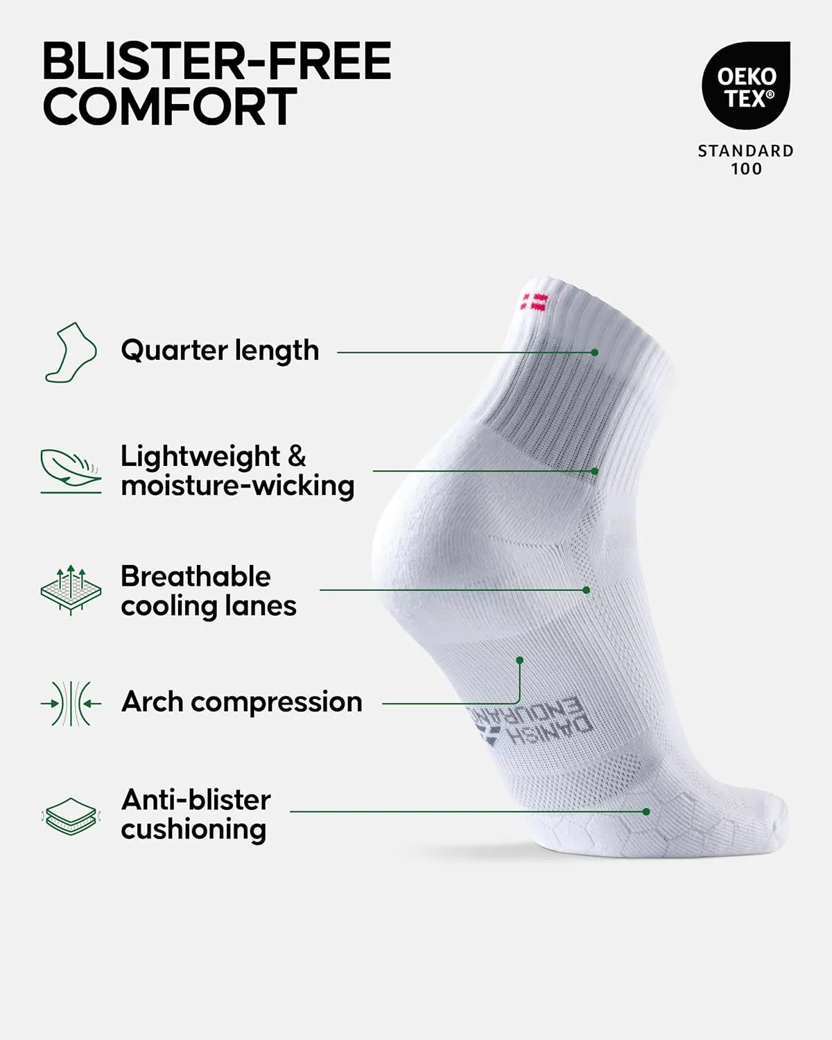 DANISH ENDURANCE Cushioned Running Socks for Long Distances, Quarter Length, Anti-Blister for Men & Women, 3 and 5 Pack