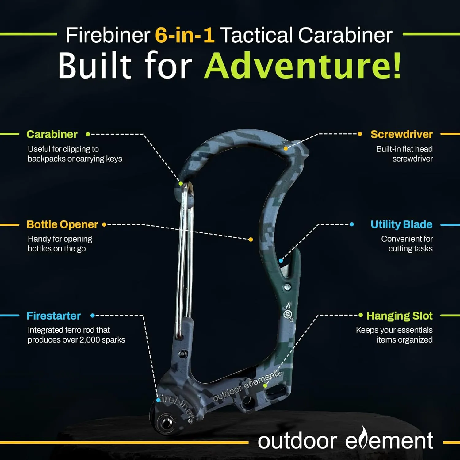 Firebiner 6-in-1 Fire-Starting Carabiner EDC Emergency Multitool -Keychain,Utility Blade,Bottle Opener,& More