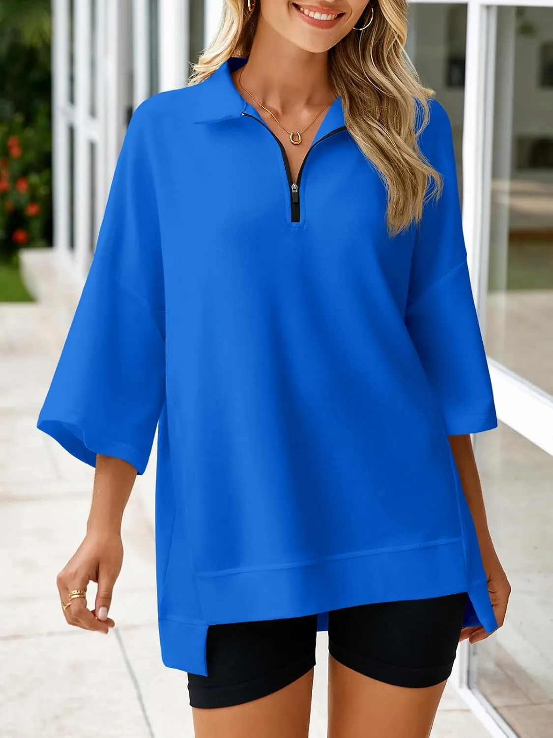 Fisoew Womens Oversized Sweatshirt Casual Zip Up V Neck 3/4 Sleeve High Low Pullover Tunic Tops