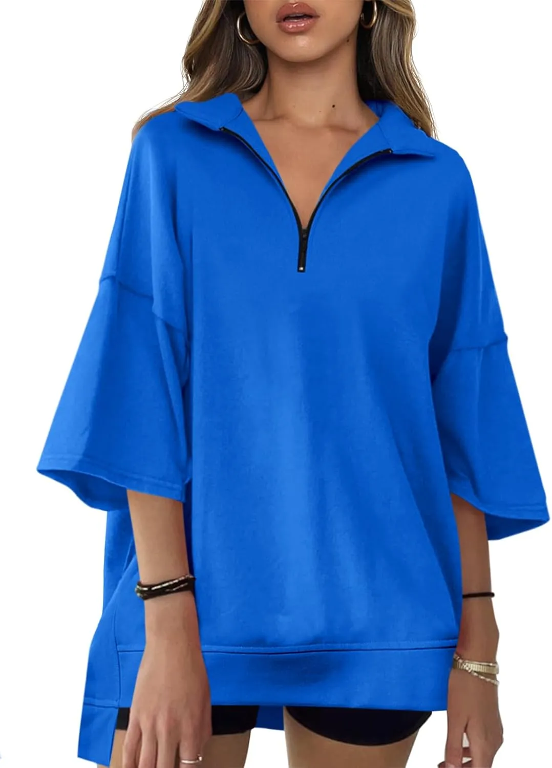 Fisoew Womens Oversized Sweatshirt Casual Zip Up V Neck 3/4 Sleeve High Low Pullover Tunic Tops