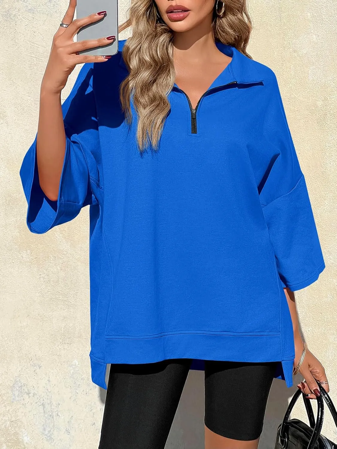 Fisoew Womens Oversized Sweatshirt Casual Zip Up V Neck 3/4 Sleeve High Low Pullover Tunic Tops