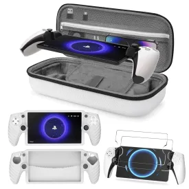 Foluck 3 in 1 Accessoris Set Compatible with Playstation Portal, EVA Carrying Case for PS5 Portal, Soft Silicone Protective Cover, 2 Pack Screen Protector, Ps Portal Accessories, White