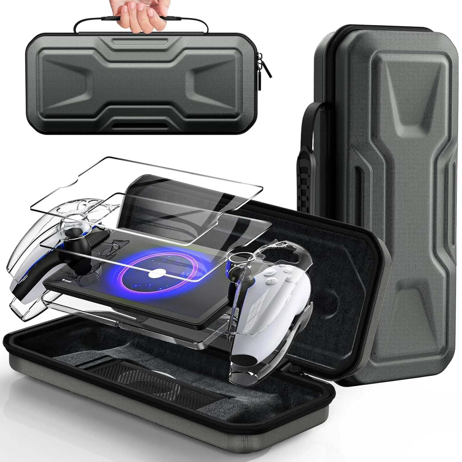 FYOUNG 3 in 1 Accessories Bundle for Playstation Portal, Carrying Case & Hard PC Clear Cover Case with Tempered Glass Screen Protector, Protective Case & Hard Shell Travel Handbag for PS5 Portal