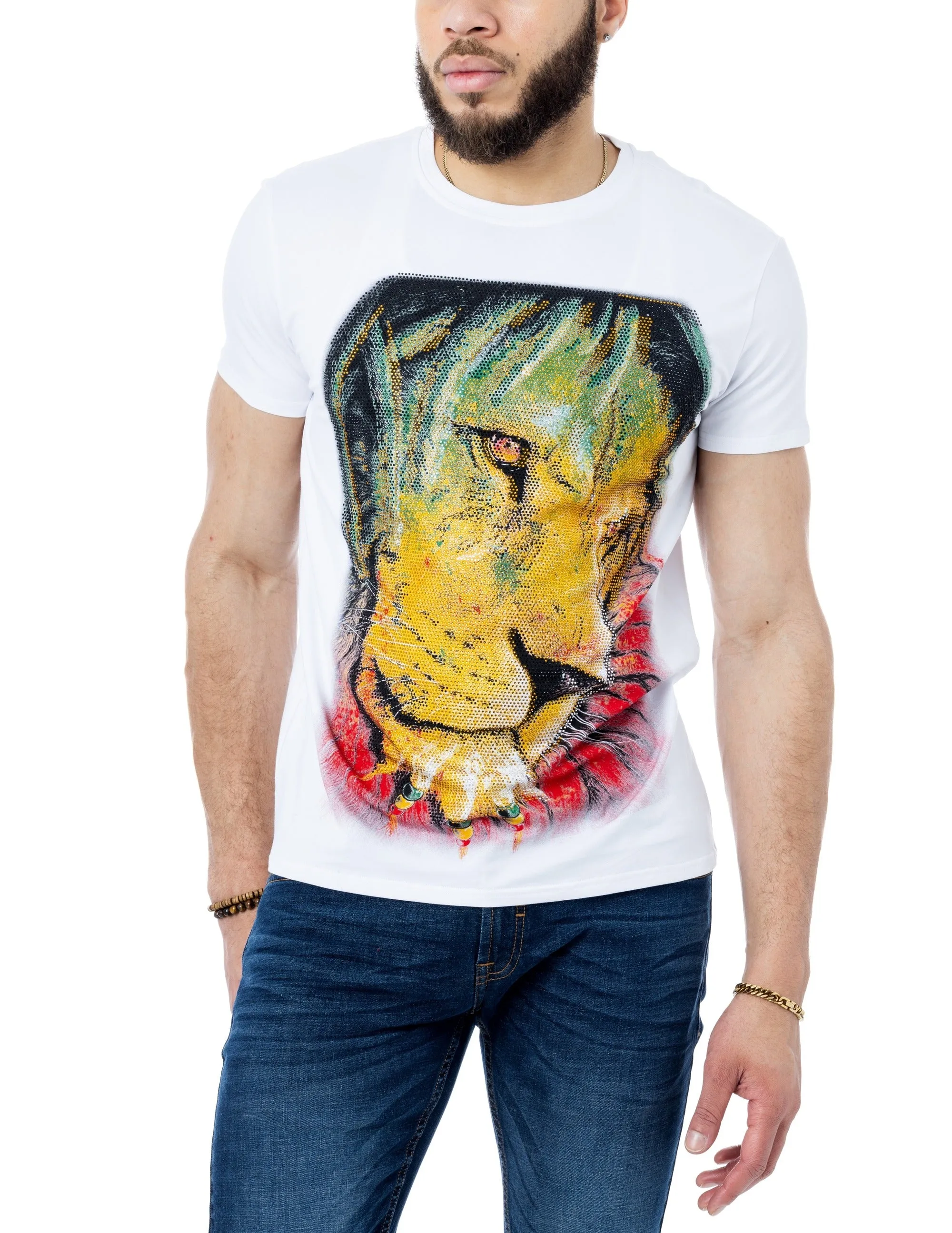 Heads or Tails Men's Marley Lion Rhinestone Studded Graphic Printed T-Shirt