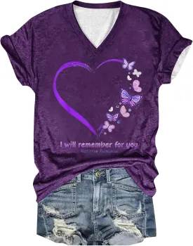 Heevina Alzheimers Awareness Shirts for Women I Will Remember for You Short Sleeve Shirt V Neck Floral Purple Tops
