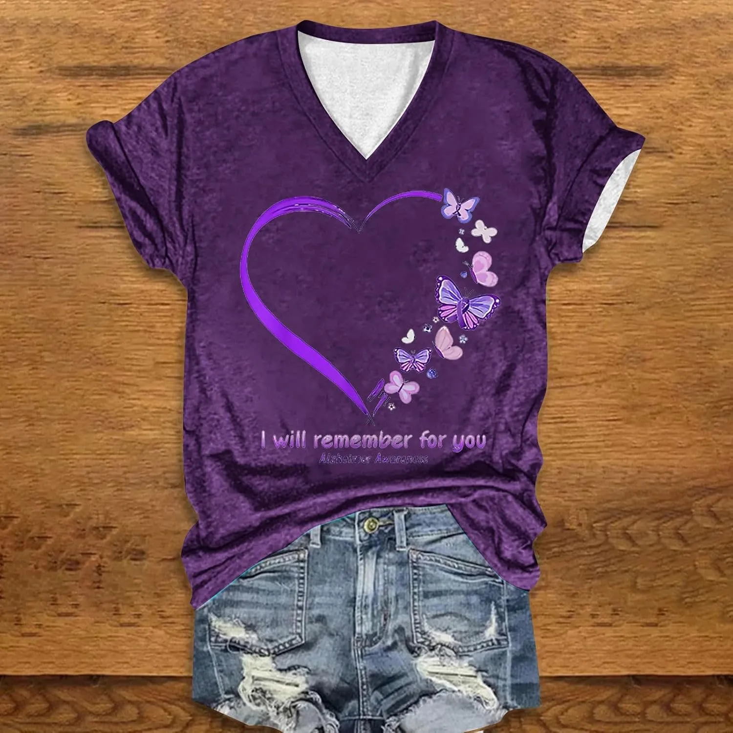 Heevina Alzheimers Awareness Shirts for Women I Will Remember for You Short Sleeve Shirt V Neck Floral Purple Tops