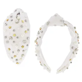 Jane Marie Scattered Multi Clear Crystal Pearls Gold Heart White Headband