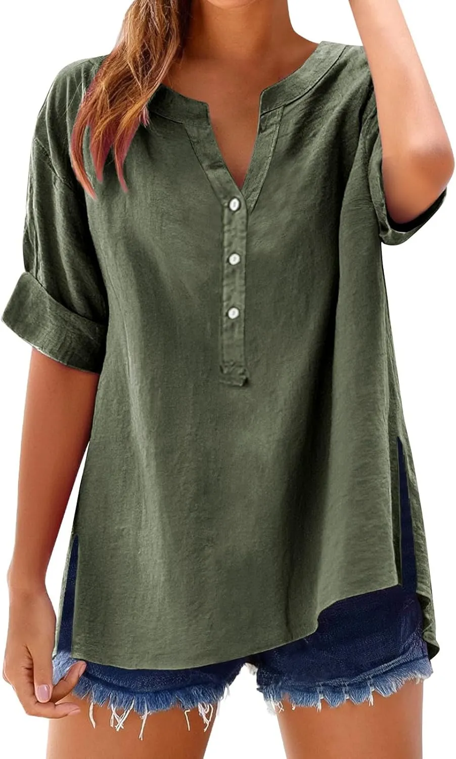 Linen Tops for Women Summer Button Down V Neck Shirts Casual Short Sleeve Loose T-Shirt Cotton Linen Blouse Tees 2025