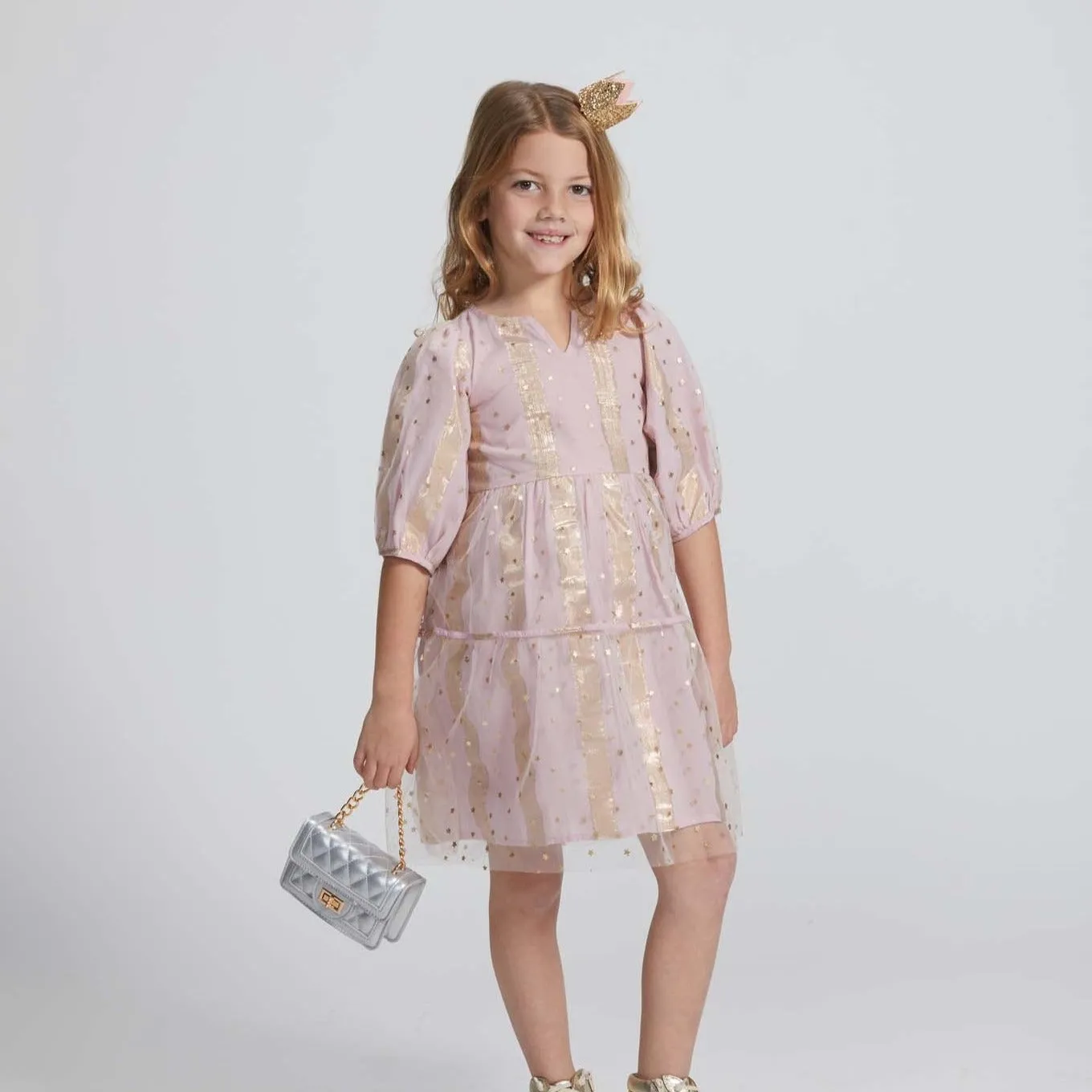 Madaket Dress- Pink Metallic Stripe/Stars