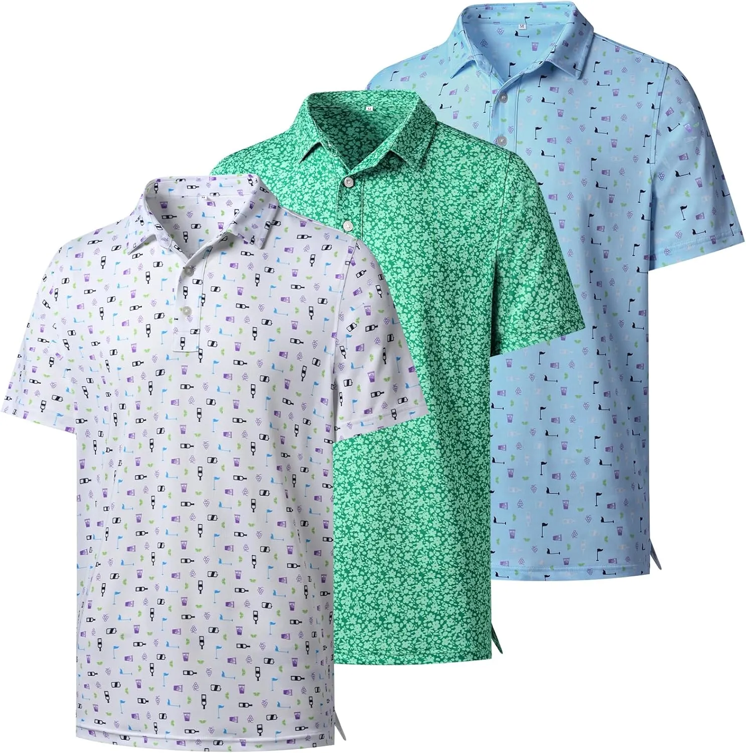 Mens Polo Shirts 3 Pack Fashion Print Mens Golf Shirt Short Sleeve Moisture Wicking Dry Fit Golf Shirts for Men