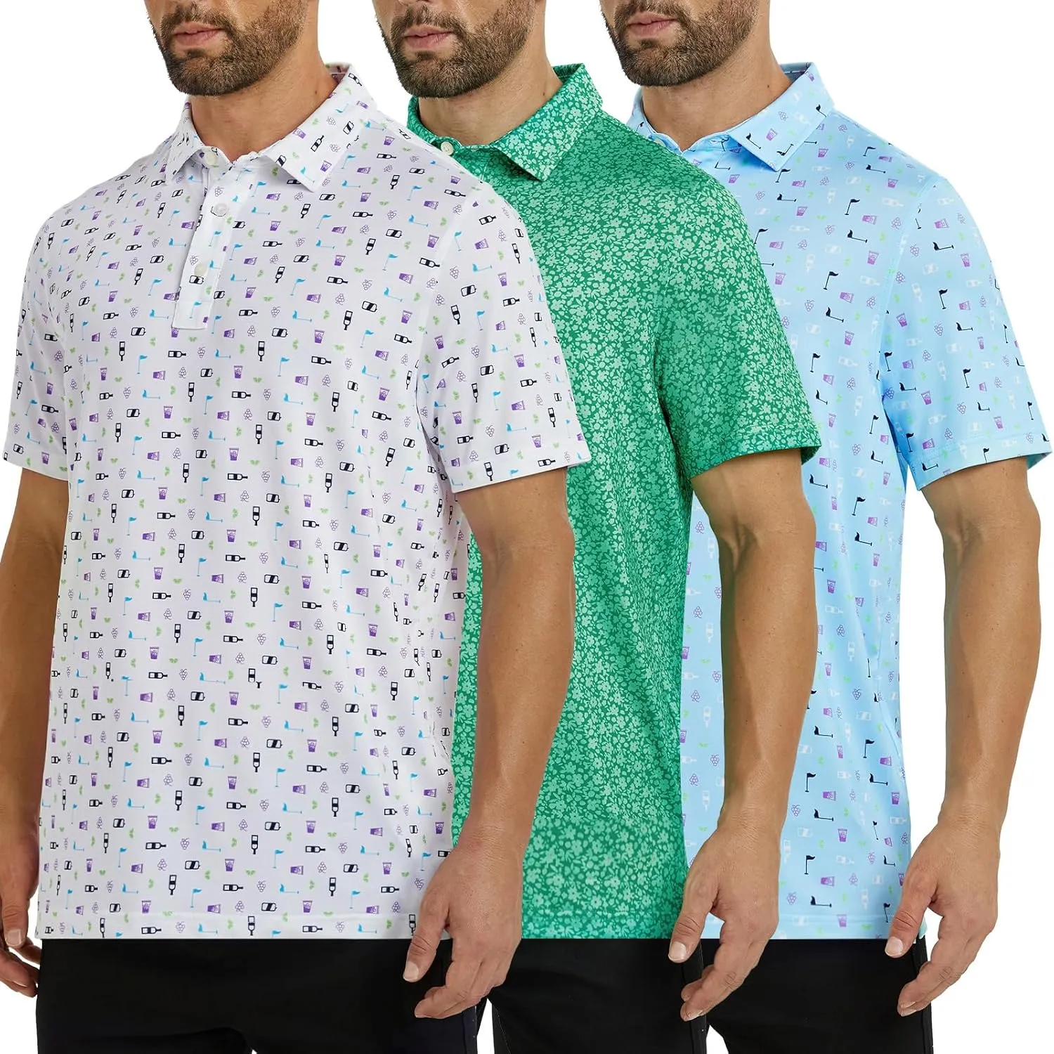 Mens Polo Shirts 3 Pack Fashion Print Mens Golf Shirt Short Sleeve Moisture Wicking Dry Fit Golf Shirts for Men