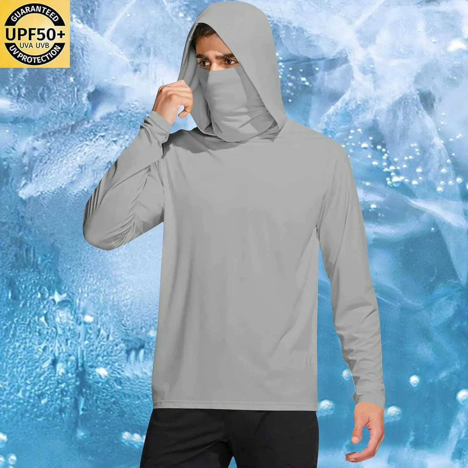 Men's Sun Protection Hoodie with Mask Fishing Hiking Shirt Long Sleeve Lightweight Rash Guard Outdoor Pullover Top
