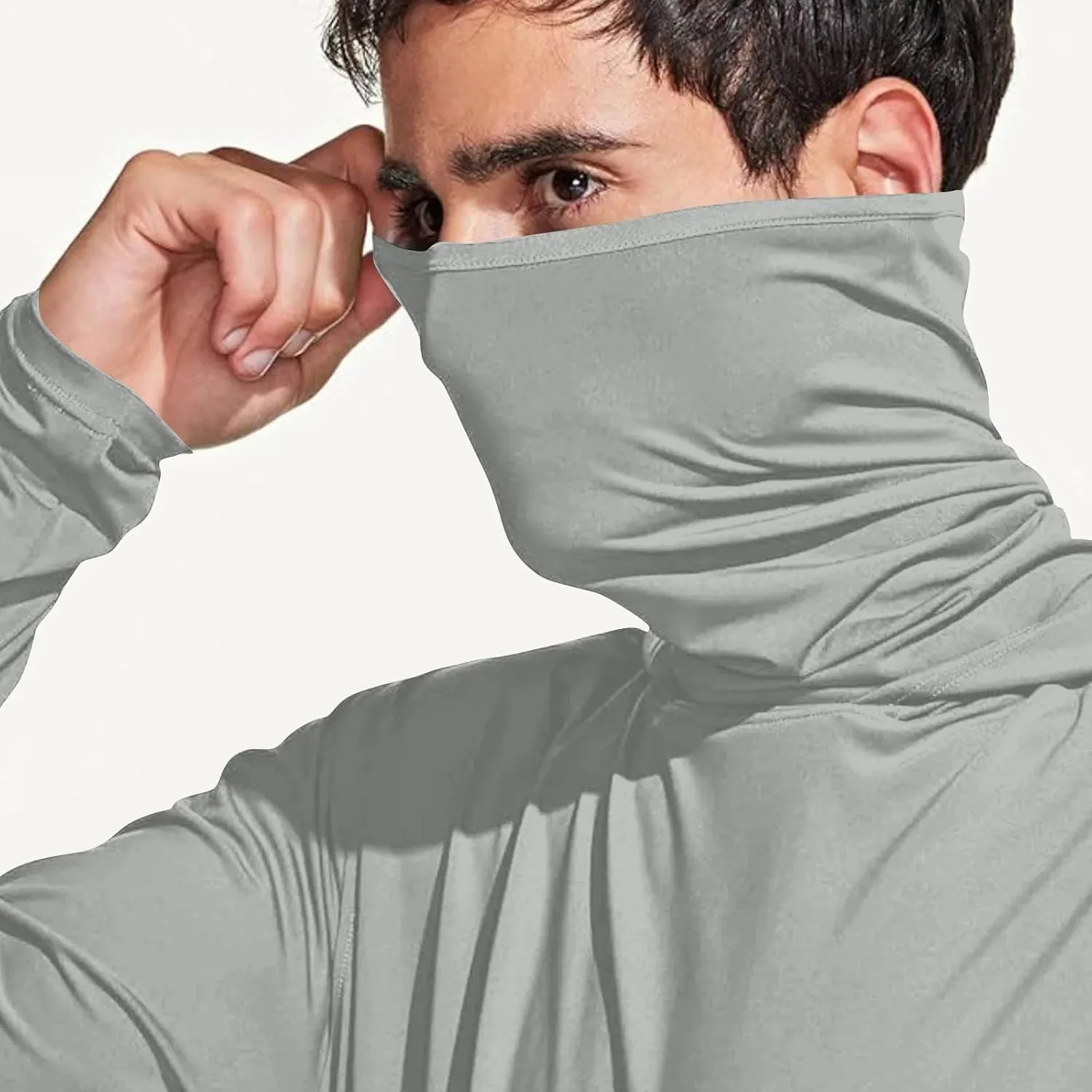Men's Sun Protection Hoodie with Mask Fishing Hiking Shirt Long Sleeve Lightweight Rash Guard Outdoor Pullover Top