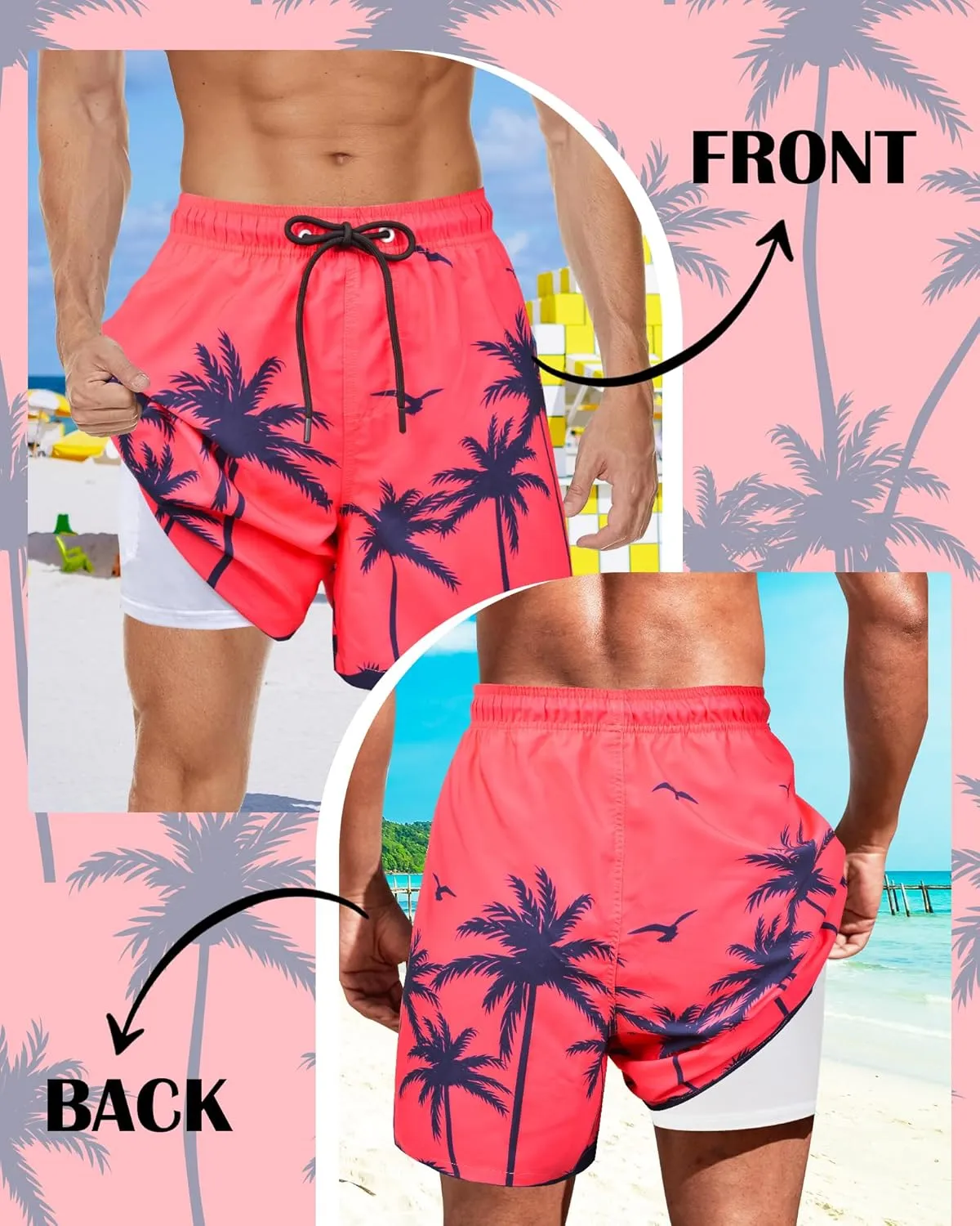 Mens Swim Trunks with Compression Liner Quick Dry Bathing Suits Board Beach Shorts Swim Shorts with Zipper Pocket