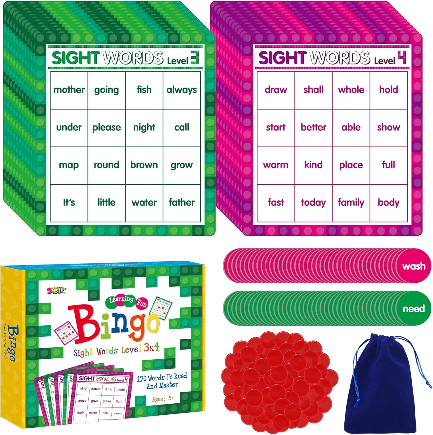 Sight Word Bingo Game, 120 Sight Words Learn to Read Level 3 & Level 4 Bingo Board Game Dolch's & Fry's Words Lists for Kindergarten and Preschool Kids 5 , Perfect for Classroom & at Home
