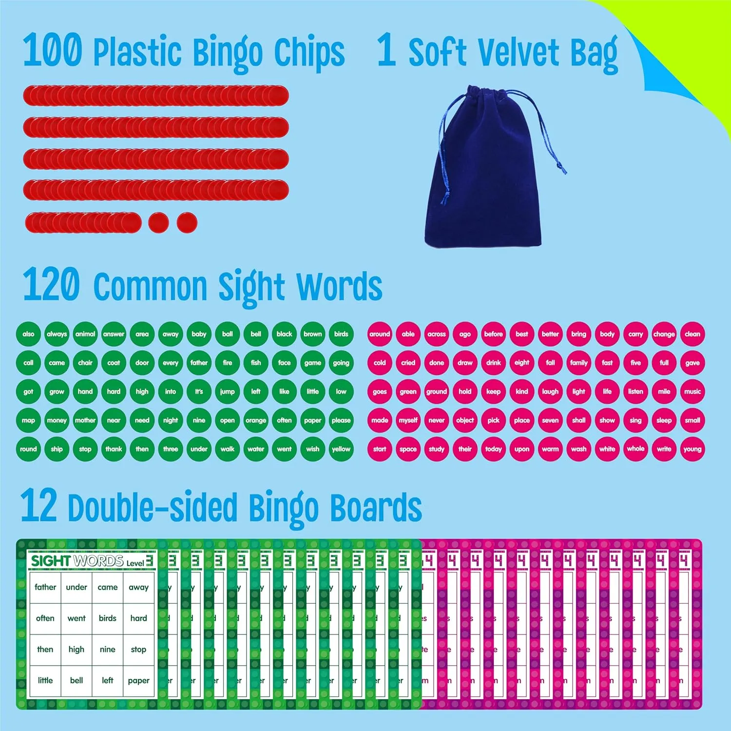 Sight Word Bingo Game, 120 Sight Words Learn to Read Level 3 & Level 4 Bingo Board Game Dolch's & Fry's Words Lists for Kindergarten and Preschool Kids 5 , Perfect for Classroom & at Home