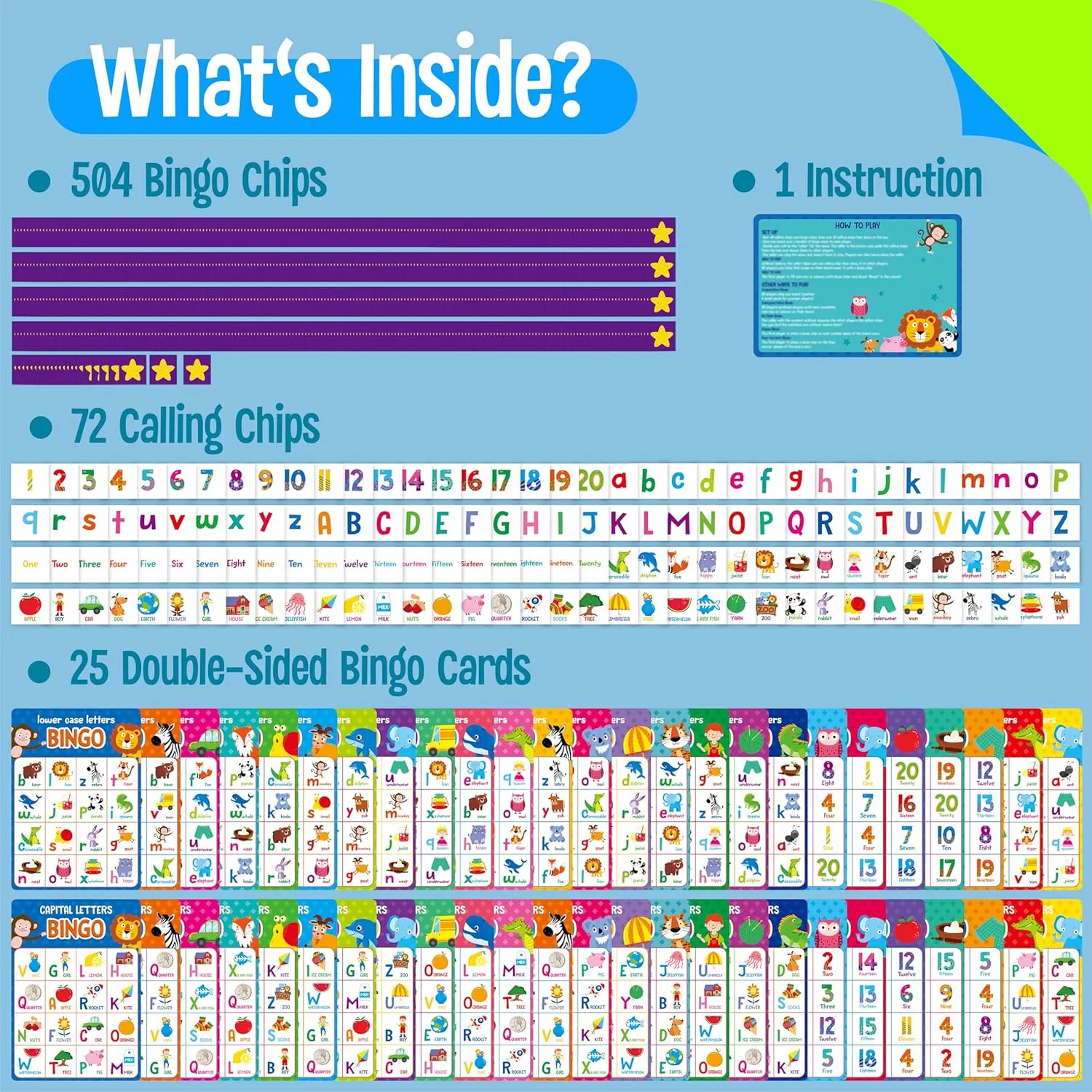 SpriteGru Alphabet & Numbers Bingo Game, Upper/Lowercase Letters, 52 First Words & 20 Numbers Learning- ABC and 123 Bingo Board Game for Kids 4-8, Perfect for Classroom & at Home (Up to 25 Players)