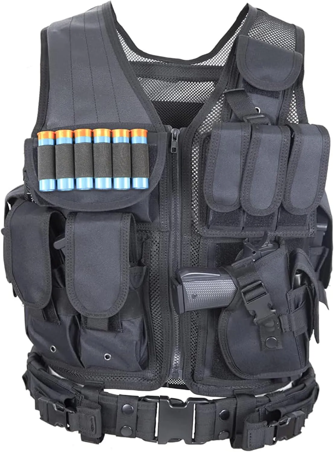 Tactical Combat Vest with Holster for Adult Airsoft Training Black Lightweight