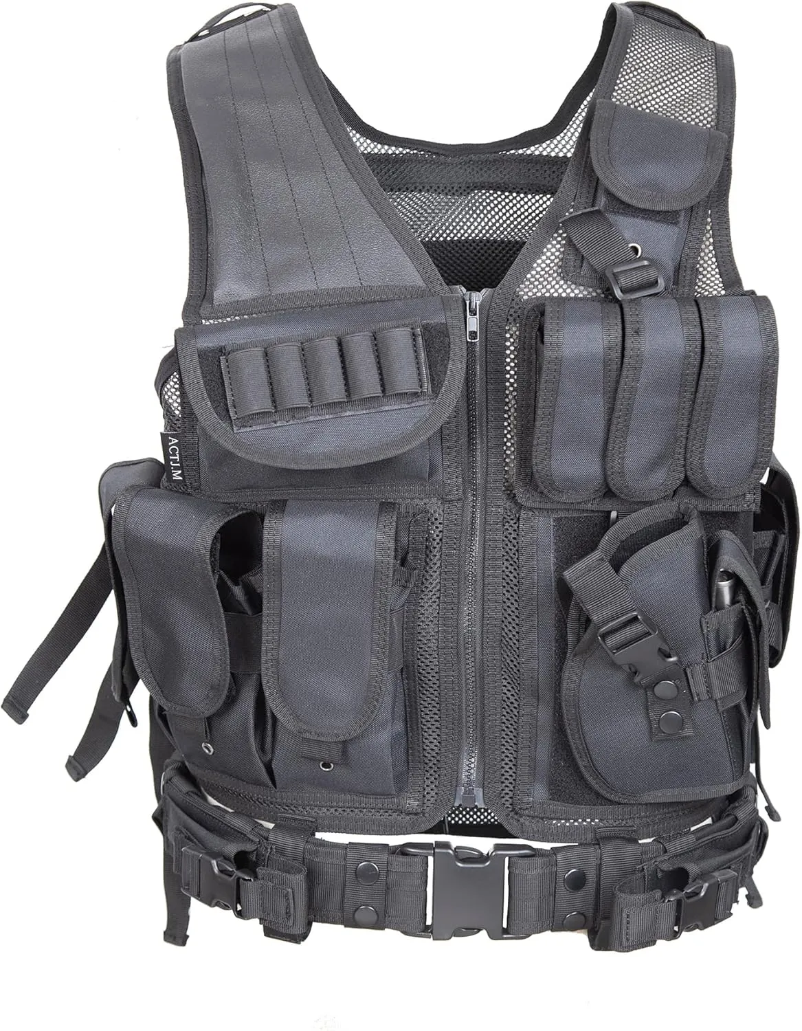 Tactical Combat Vest with Holster for Adult Airsoft Training Black Lightweight
