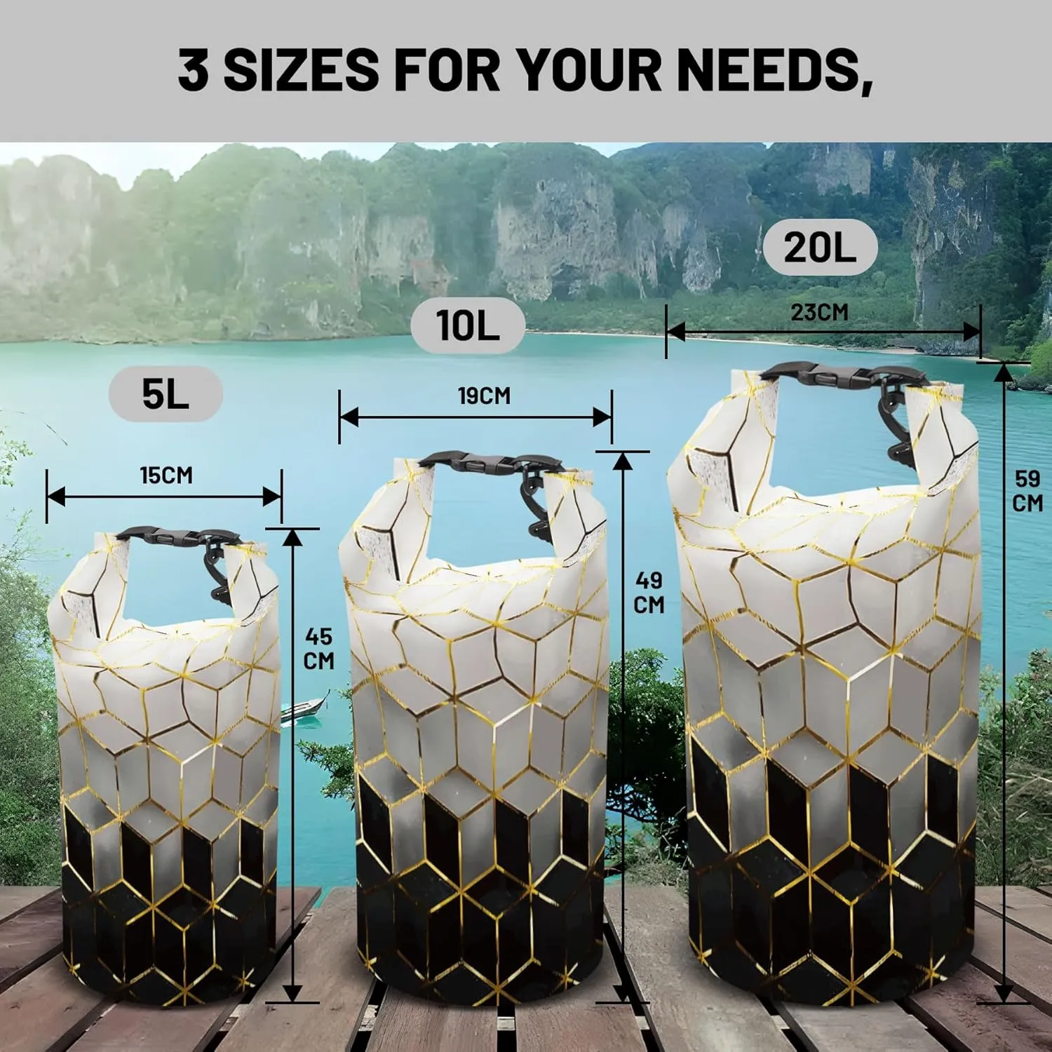 Waterproof Dry Bag,Roll Top Geometric Ombre Small Waterproof Backpack 5L/10L/20L Floating and Lightweight Bags for Kayaking, Boating, Fishing, Swimming and Camping
