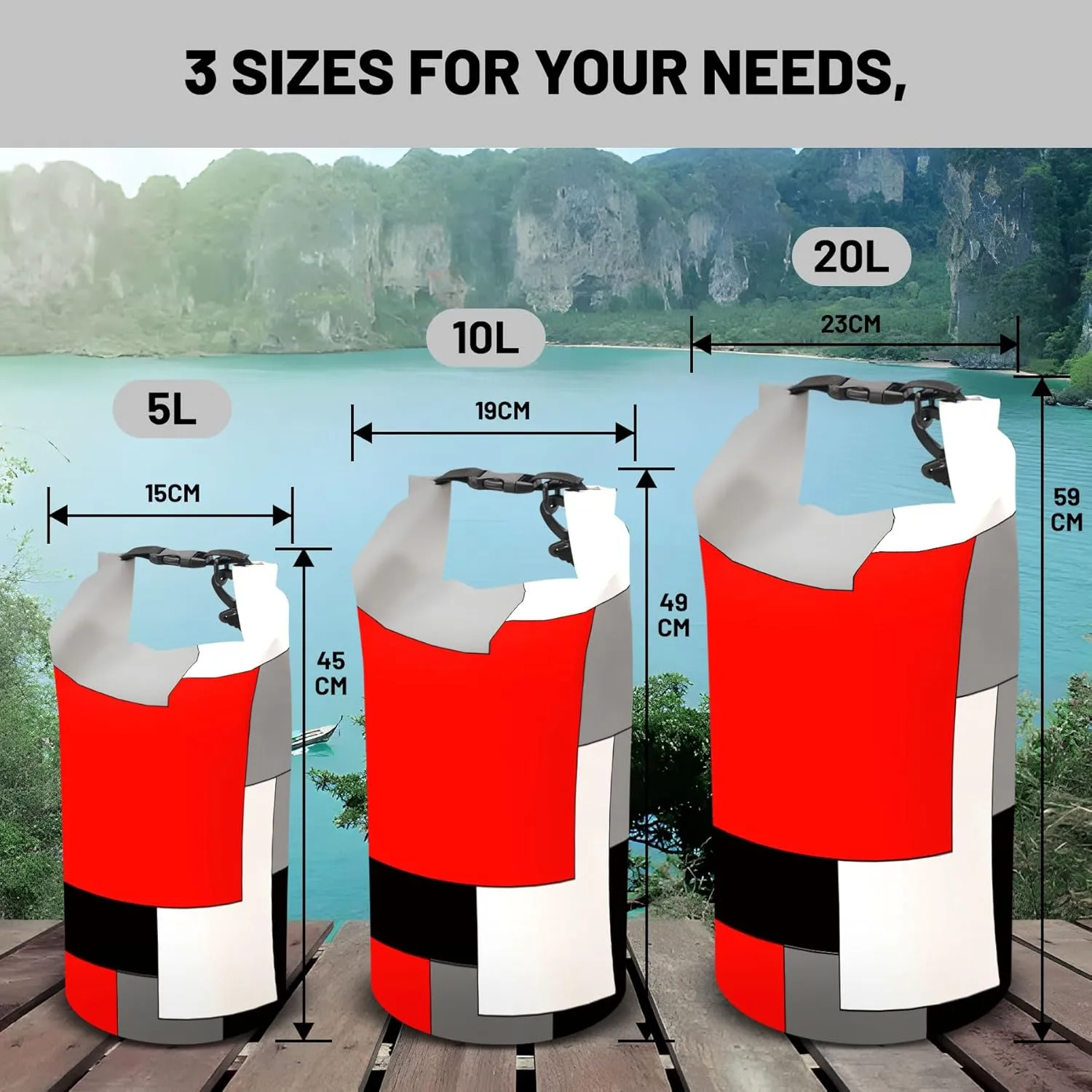 Waterproof Dry Bag,Roll Top Red and Black Geometric Waterproof Backpack 5L/10L/20L Floating and Lightweight Bags for Kayaking, Boating, Fishing, Swimming and Camping with Waterproof Phone Case