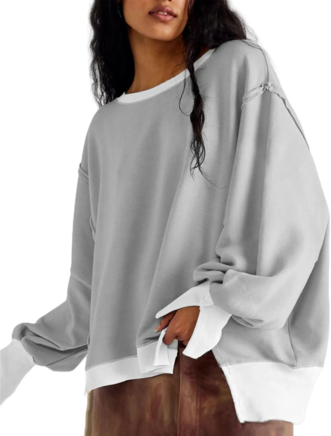 Women Crewneck Cotton Sweatshirt Long Sleeve Side Slit Casual Loose Pullover Tops Hoodie for Teen Girls