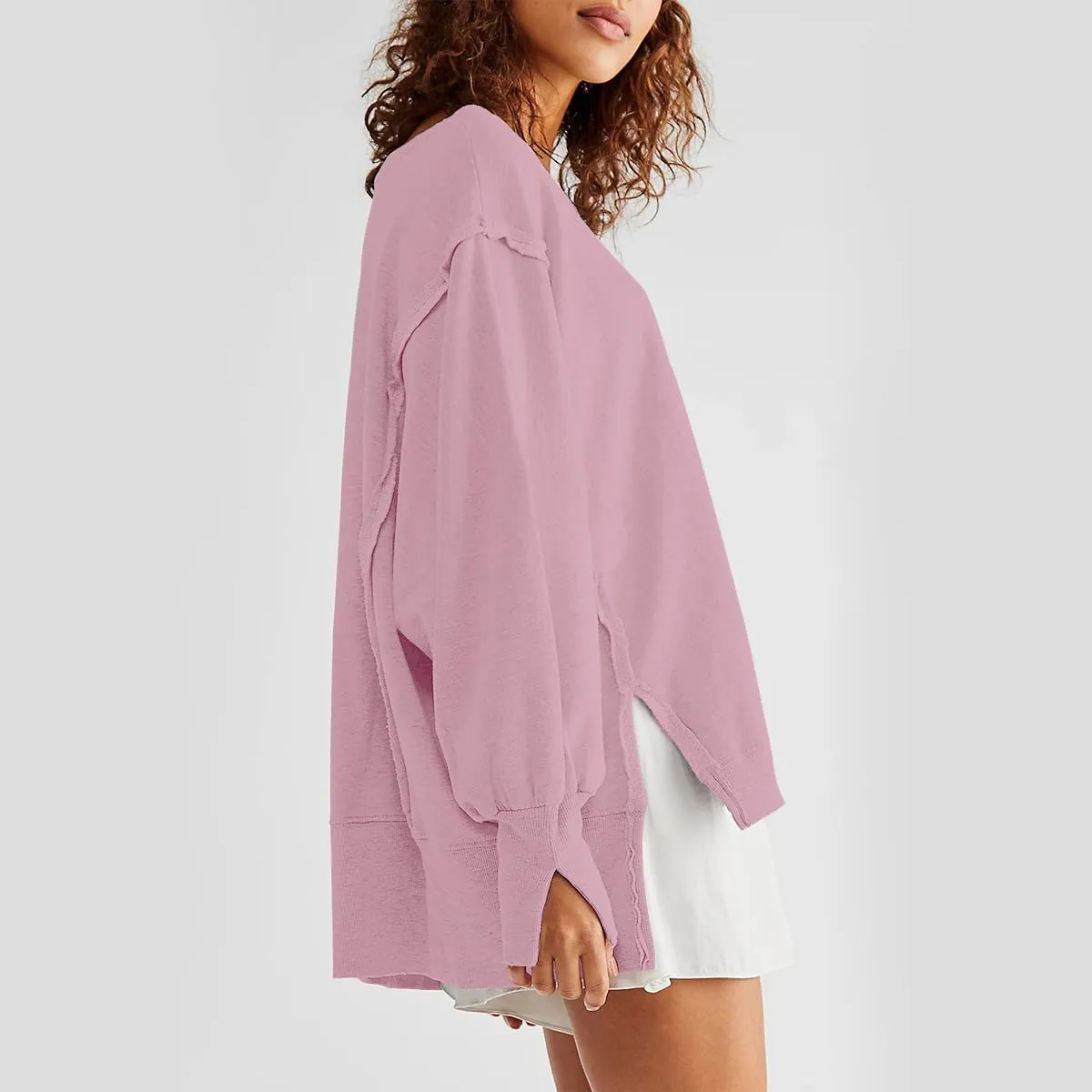 Women Crewneck Cotton Sweatshirt Long Sleeve Side Slit Casual Loose Pullover Tops Hoodie for Teen Girls