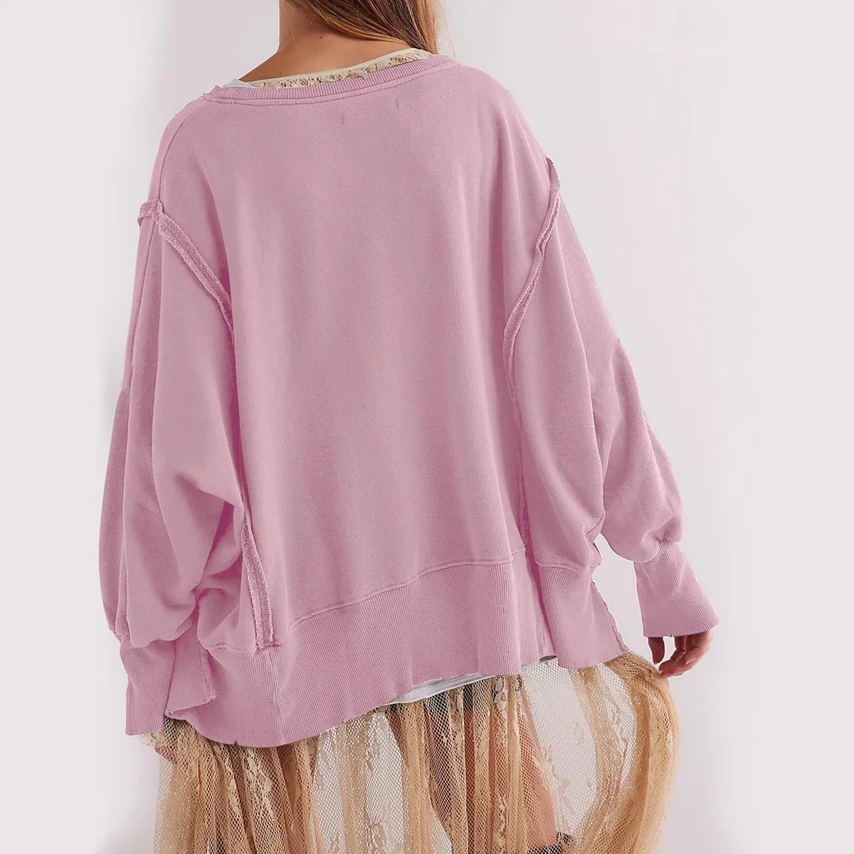 Women Crewneck Cotton Sweatshirt Long Sleeve Side Slit Casual Loose Pullover Tops Hoodie for Teen Girls