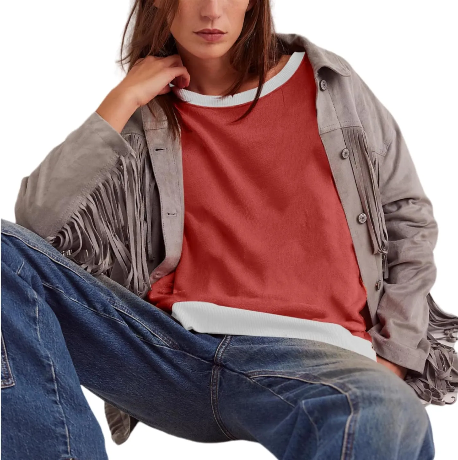 Women Crewneck Cotton Sweatshirt Long Sleeve Side Slit Casual Loose Pullover Tops Hoodie for Teen Girls