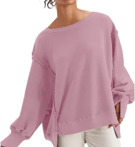Women Crewneck Cotton Sweatshirt Long Sleeve Side Slit Casual Loose Pullover Tops Hoodie for Teen Girls
