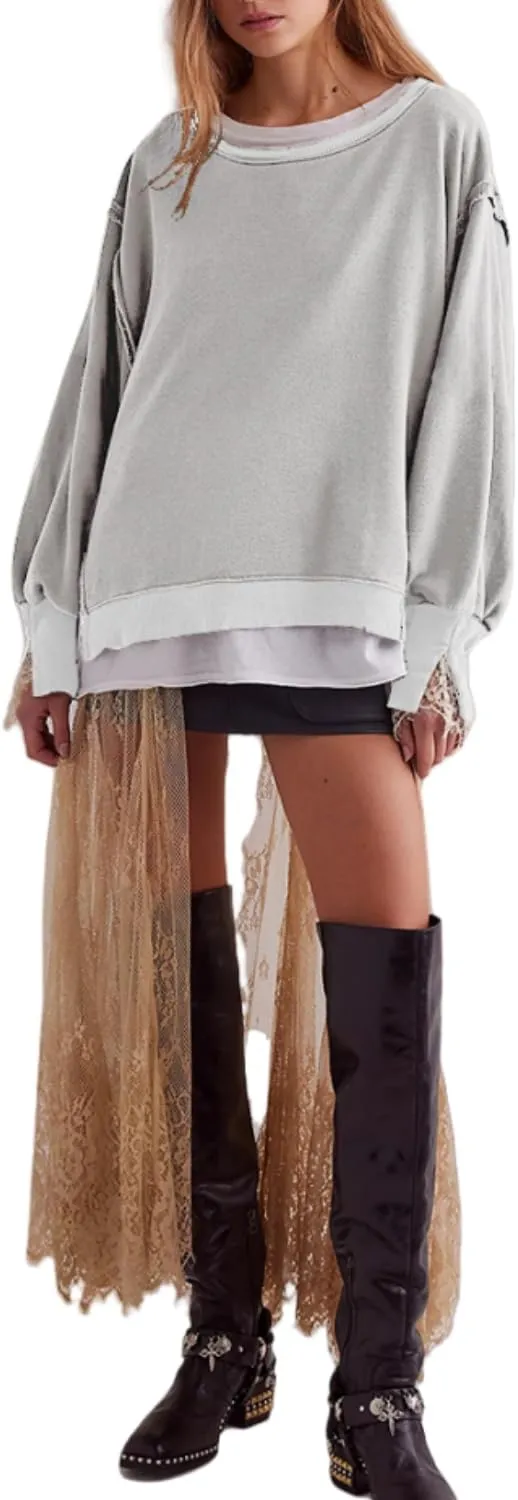 Women Crewneck Cotton Sweatshirt Long Sleeve Side Slit Casual Loose Pullover Tops Hoodie for Teen Girls