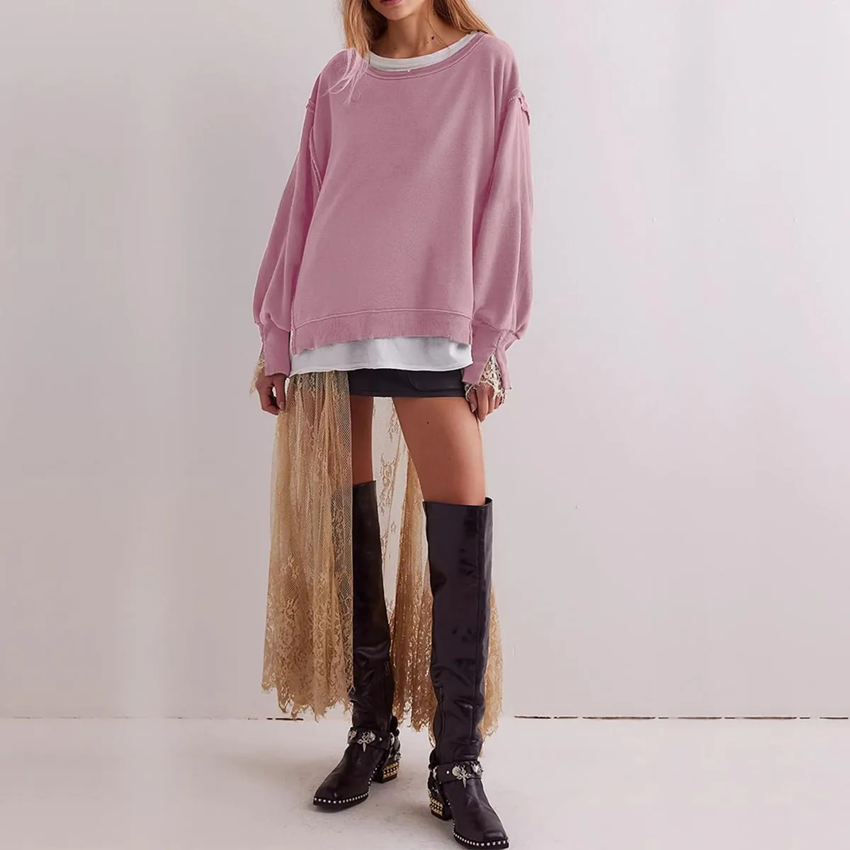 Women Crewneck Cotton Sweatshirt Long Sleeve Side Slit Casual Loose Pullover Tops Hoodie for Teen Girls