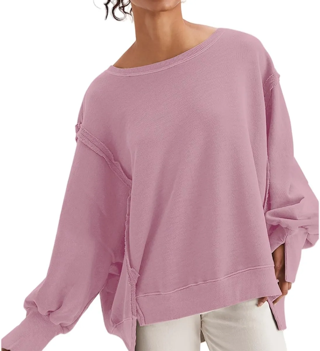 Women Crewneck Cotton Sweatshirt Long Sleeve Side Slit Casual Loose Pullover Tops Hoodie for Teen Girls