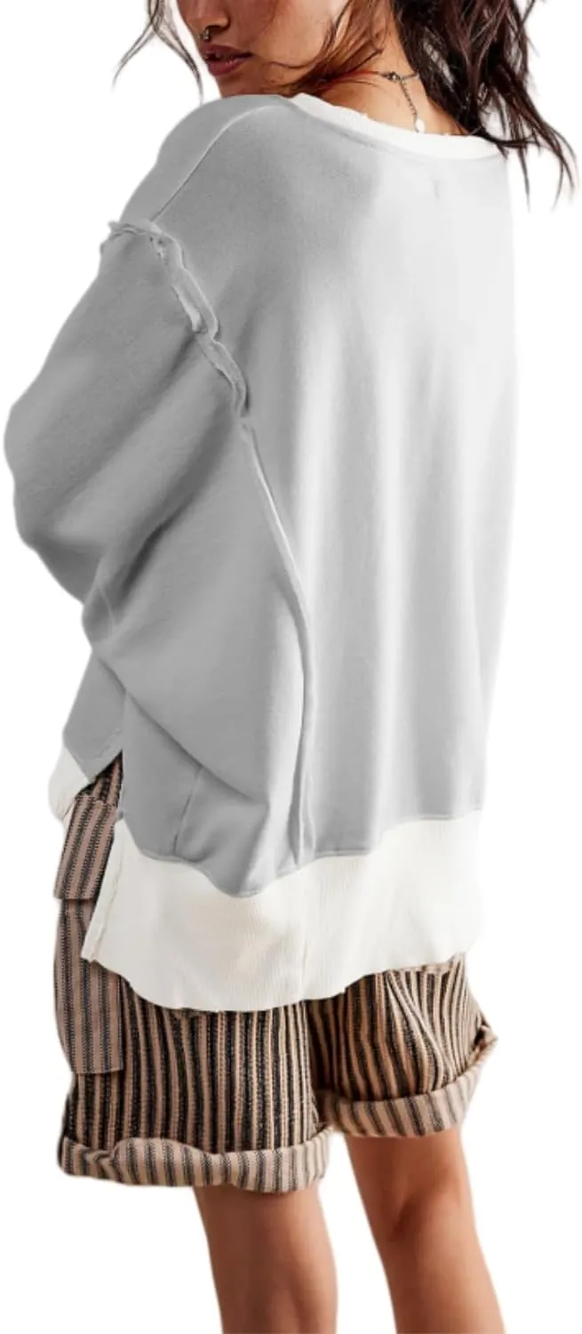 Women Crewneck Cotton Sweatshirt Long Sleeve Side Slit Casual Loose Pullover Tops Hoodie for Teen Girls