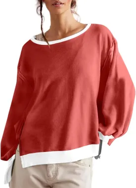 Women Crewneck Cotton Sweatshirt Long Sleeve Side Slit Casual Loose Pullover Tops Hoodie for Teen Girls