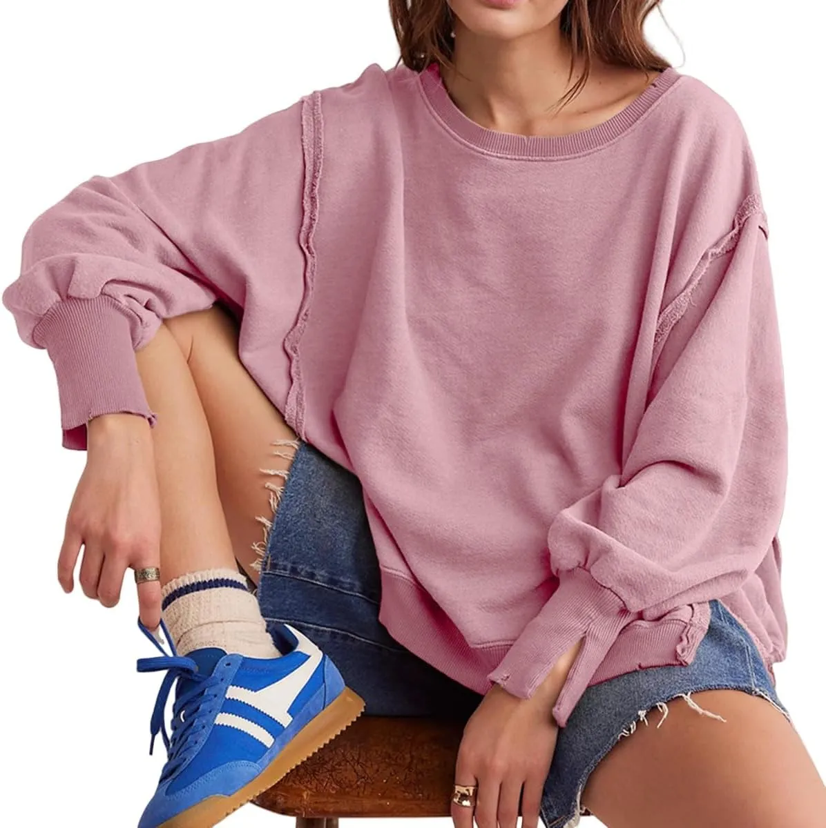 Women Crewneck Cotton Sweatshirt Long Sleeve Side Slit Casual Loose Pullover Tops Hoodie for Teen Girls